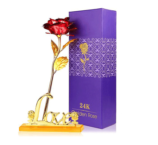 24K Gold Foil Artificial Rose with Base Romantic Gift & Home Décor (Red)