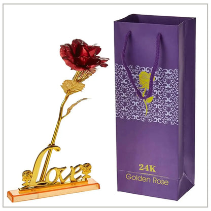 24K Gold Foil Artificial Rose with Base Romantic Gift & Home Décor (Red)