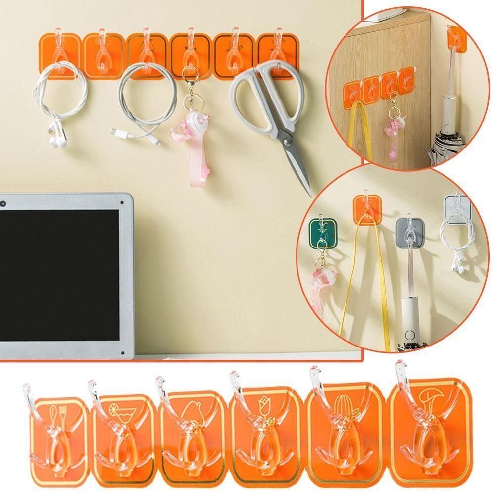 (Pack of 2) Wall Mounted Punch Free Strong Self Adhesive Stylish 6 Hook in Row For Home and Outdoor Use